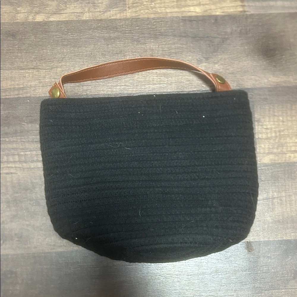 Black Knit Wristlet Pouch with Brown Handle